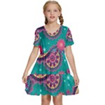 Floral Pattern Abstract Colorful Flow Oriental Spring Summer Kids  Short Sleeve Tiered Mini Dress