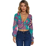 Floral Pattern Abstract Colorful Flow Oriental Spring Summer Long Sleeve Deep-V Velour Top