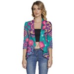 Floral Pattern Abstract Colorful Flow Oriental Spring Summer Women s 3/4 Sleeve Ruffle Edge Open Front Jacket