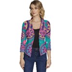 Floral Pattern Abstract Colorful Flow Oriental Spring Summer Women s Casual 3/4 Sleeve Spring Jacket