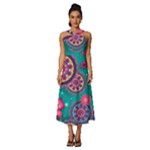 Floral Pattern Abstract Colorful Flow Oriental Spring Summer Sleeveless Cross Front Cocktail Midi Chiffon Dress