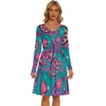 Floral Pattern Abstract Colorful Flow Oriental Spring Summer Long Sleeve Dress With Pocket