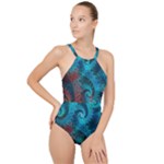 Fractal Art Spiral Ornaments Pattern High Neck One Piece Swimsuit