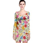 Colorful Flowers Pattern Long Sleeve Velvet Bodycon Dress