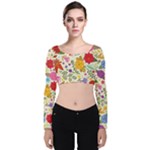 Colorful Flowers Pattern Velvet Long Sleeve Crop Top