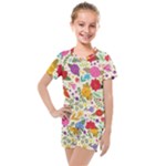 Colorful Flowers Pattern Kids  Mesh T-Shirt and Shorts Set