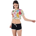 Colorful Flowers Pattern Tie Back Short Sleeve Crop T-Shirt