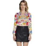 Colorful Flowers Pattern Long Sleeve Tie Back Satin Wrap Top