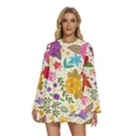 Colorful Flowers Pattern Round Neck Long Sleeve Bohemian Style Chiffon Mini Dress