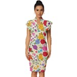 Colorful Flowers Pattern Vintage Frill Sleeve V-Neck Bodycon Dress