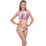 Violet Floral Pattern Cross Front Halter Bikini Set