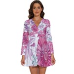 Violet Floral Pattern Long Sleeve V-Neck Chiffon Dress 