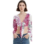 Violet Floral Pattern Trumpet Sleeve Cropped Top