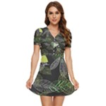 Leaves Floral Pattern Nature V-Neck High Waist Chiffon Mini Dress