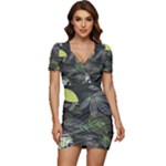 Leaves Floral Pattern Nature Low Cut Cap Sleeve Mini Dress