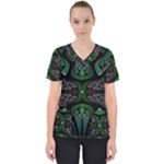 Fractal Green Black 3d Art Floral Pattern Women s V-Neck Scrub Top