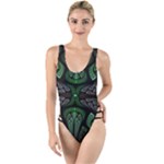 Fractal Green Black 3d Art Floral Pattern High Leg Strappy Swimsuit