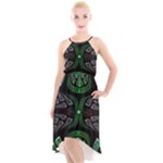 Fractal Green Black 3d Art Floral Pattern High-Low Halter Chiffon Dress 