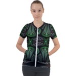 Fractal Green Black 3d Art Floral Pattern Short Sleeve Zip Up Jacket