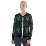 Fractal Green Black 3d Art Floral Pattern Velvet Zip Up Jacket