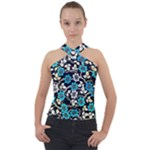 Blue Flower Floral Flora Naure Pattern Cross Neck Velour Top