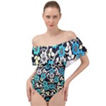 Blue Flower Floral Flora Naure Pattern Off Shoulder Velour Bodysuit 