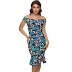 Blue Flower Floral Flora Naure Pattern Off Shoulder Ruffle Split Hem Bodycon Dress