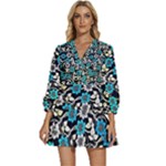 Blue Flower Floral Flora Naure Pattern V-Neck Placket Mini Dress