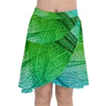 3d Leaves Texture Sheet Blue Green Chiffon Wrap Front Skirt