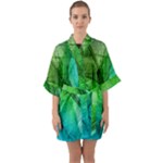 3d Leaves Texture Sheet Blue Green Half Sleeve Satin Kimono 