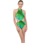 3d Leaves Texture Sheet Blue Green Halter Side Cut Swimsuit