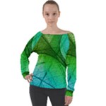 3d Leaves Texture Sheet Blue Green Off Shoulder Long Sleeve Velour Top