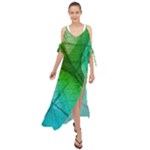 3d Leaves Texture Sheet Blue Green Maxi Chiffon Cover Up Dress