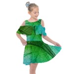 3d Leaves Texture Sheet Blue Green Kids  Shoulder Cutout Chiffon Dress