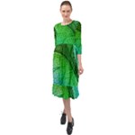 3d Leaves Texture Sheet Blue Green Ruffle End Midi Chiffon Dress