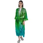 3d Leaves Texture Sheet Blue Green Maxi Satin Kimono