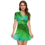 3d Leaves Texture Sheet Blue Green V-Neck High Waist Chiffon Mini Dress