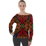 Fractal Floral Flora Ring Colorful Neon Art Off Shoulder Long Sleeve Velour Top