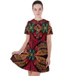 Fractal Floral Flora Ring Colorful Neon Art Short Sleeve Shoulder Cut Out Dress 