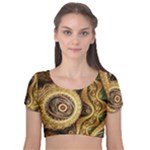 Fractal Floral Ornament Wave Vintage Retro Velvet Short Sleeve Crop Top 