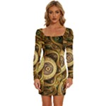 Fractal Floral Ornament Wave Vintage Retro Long Sleeve Square Neck Bodycon Velvet Dress