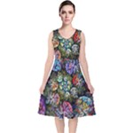 Floral Fractal 3d Art Pattern V-Neck Midi Sleeveless Dress 