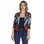 Fractal Triangle Geometric Abstract Pattern Women s Draped Front 3/4 Sleeve Shawl Collar Jacket