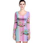 Owls Family Stripe Tree Long Sleeve Velvet Bodycon Dress