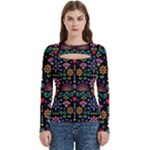 Mexican Folk Art Seamless Pattern Women s Cut Out Long Sleeve T-Shirt