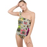 Retro Camera Pattern Graph Frilly One Shoulder Swimsuit