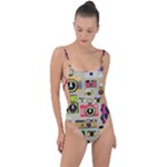 Retro Camera Pattern Graph Tie Strap One Piece Swimsuit