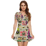 Retro Camera Pattern Graph V-Neck High Waist Chiffon Mini Dress