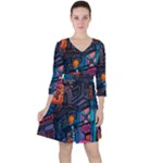 Wallet City Art Graffiti Quarter Sleeve Ruffle Waist Dress