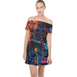 Wallet City Art Graffiti Off Shoulder Chiffon Dress